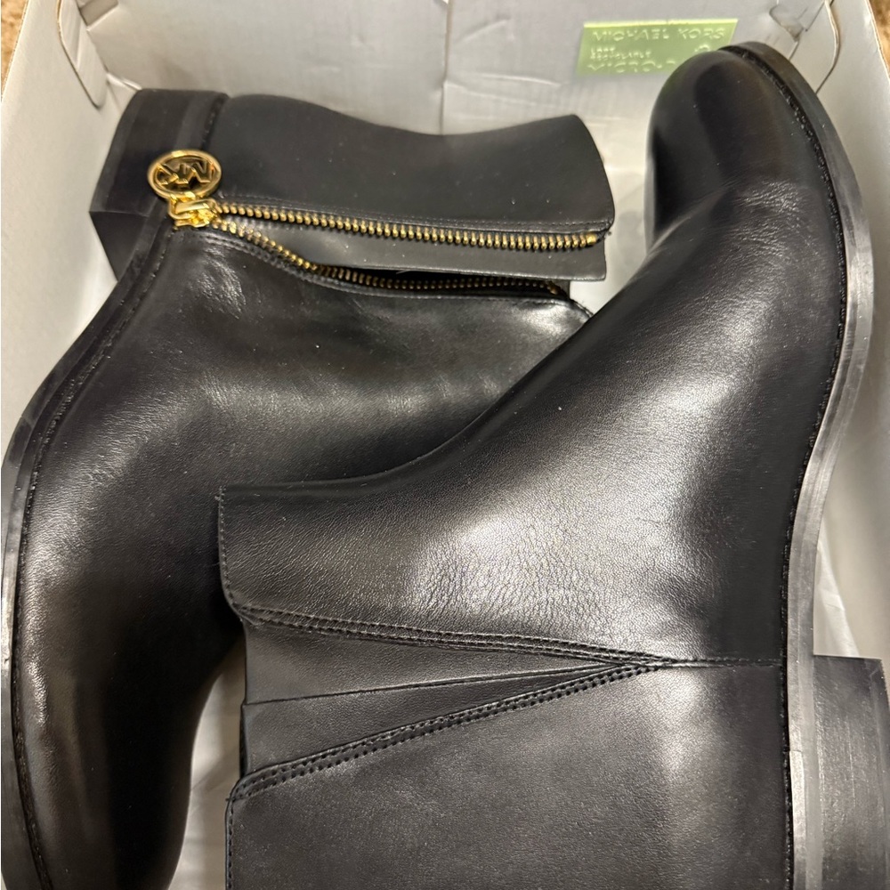 Michael Kors Black Leather Boots with Gold Accent